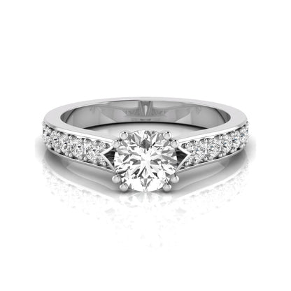 Round cut lab grown diamond engagement ring featuring an IGI certified center diamond with pavé set round diamonds on a tapered band in a classic six-prong setting in white gold