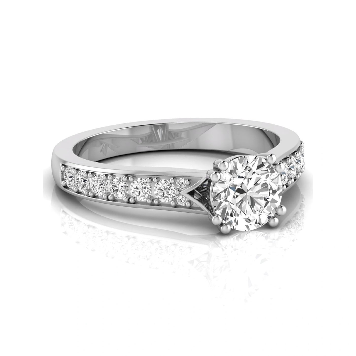 Round cut lab grown diamond engagement ring featuring an IGI certified center diamond with pavé set round diamonds on a tapered band in a classic six-prong setting in white gold