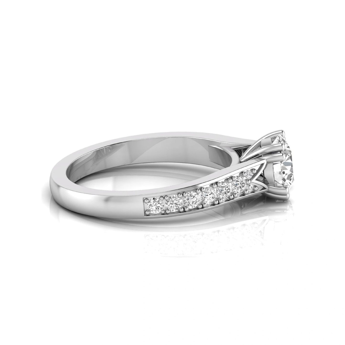 Round cut lab grown diamond engagement ring featuring an IGI certified center diamond with pavé set round diamonds on a tapered band in a classic six-prong setting in white gold