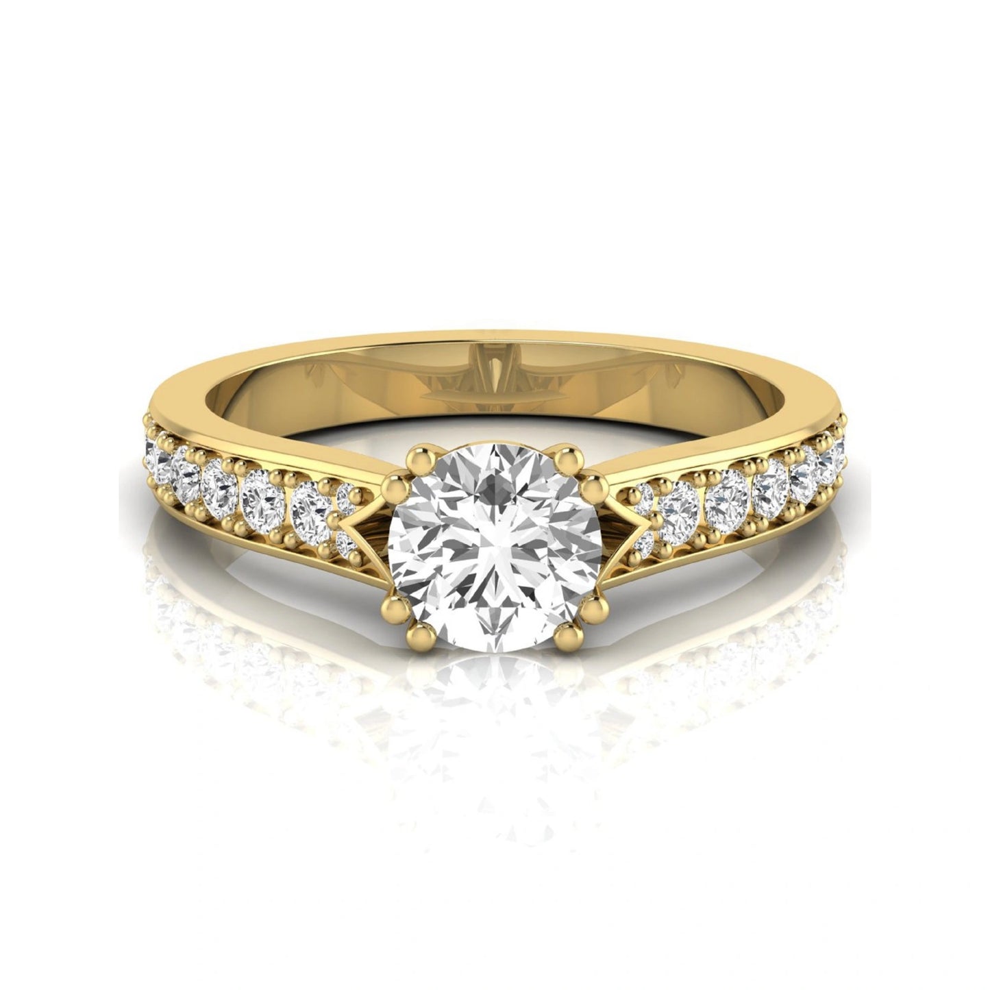 Round cut lab grown diamond engagement ring featuring an IGI certified center diamond with pavé set round diamonds on a tapered band in a classic six-prong setting in yellow gold
