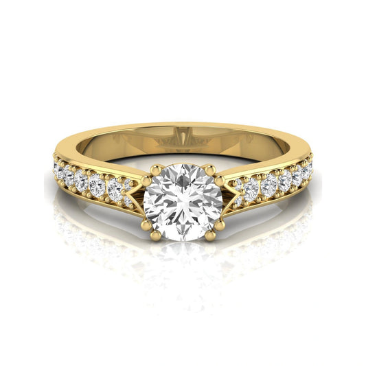 Round cut lab grown diamond engagement ring featuring an IGI certified center diamond with pavé set round diamonds on a tapered band in a classic six-prong setting in yellow gold