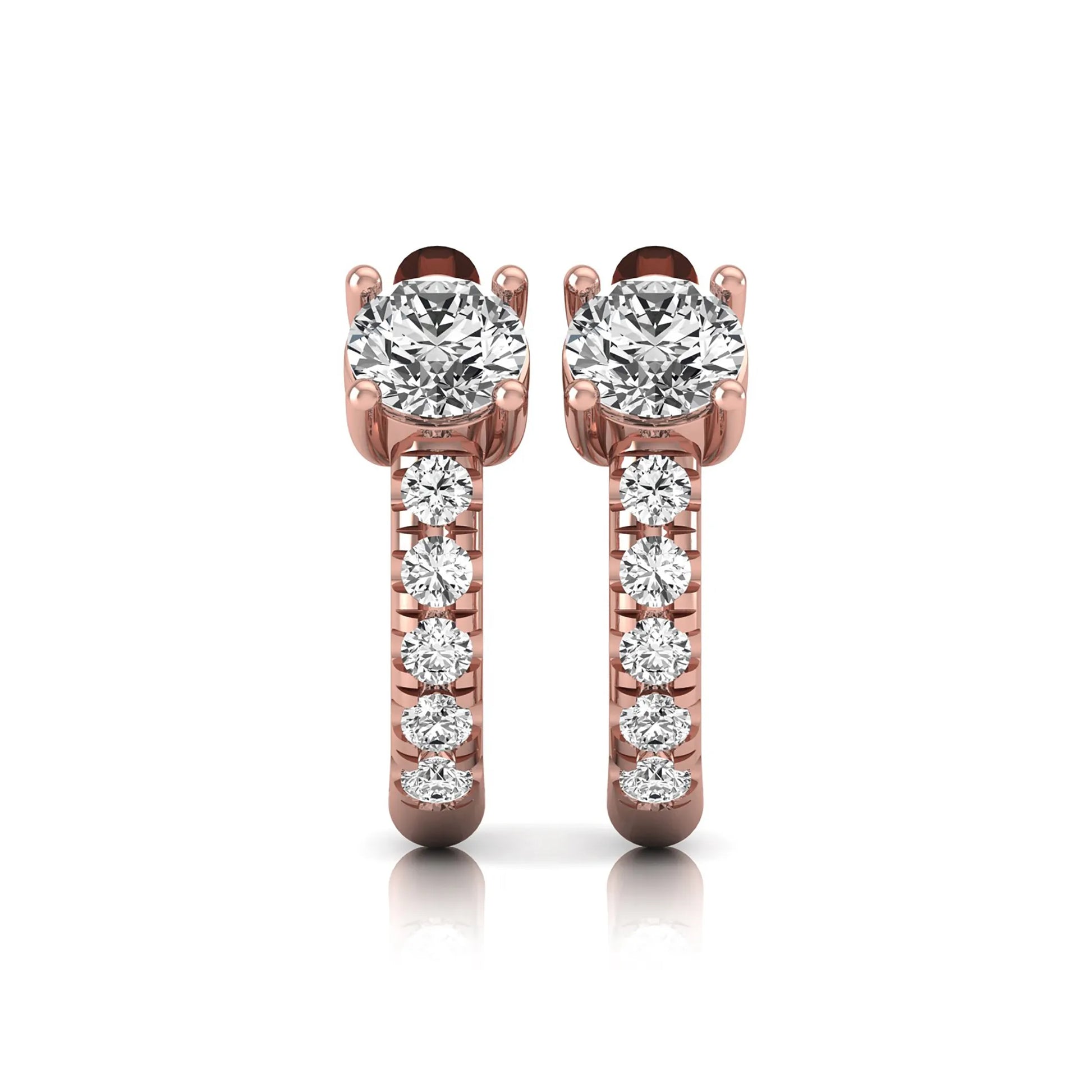 Round brilliant lab grown diamond huggie hoop earrings featuring an elevated four prong center diamond with graduated shared prong pavé round diamond accents in rose gold.
