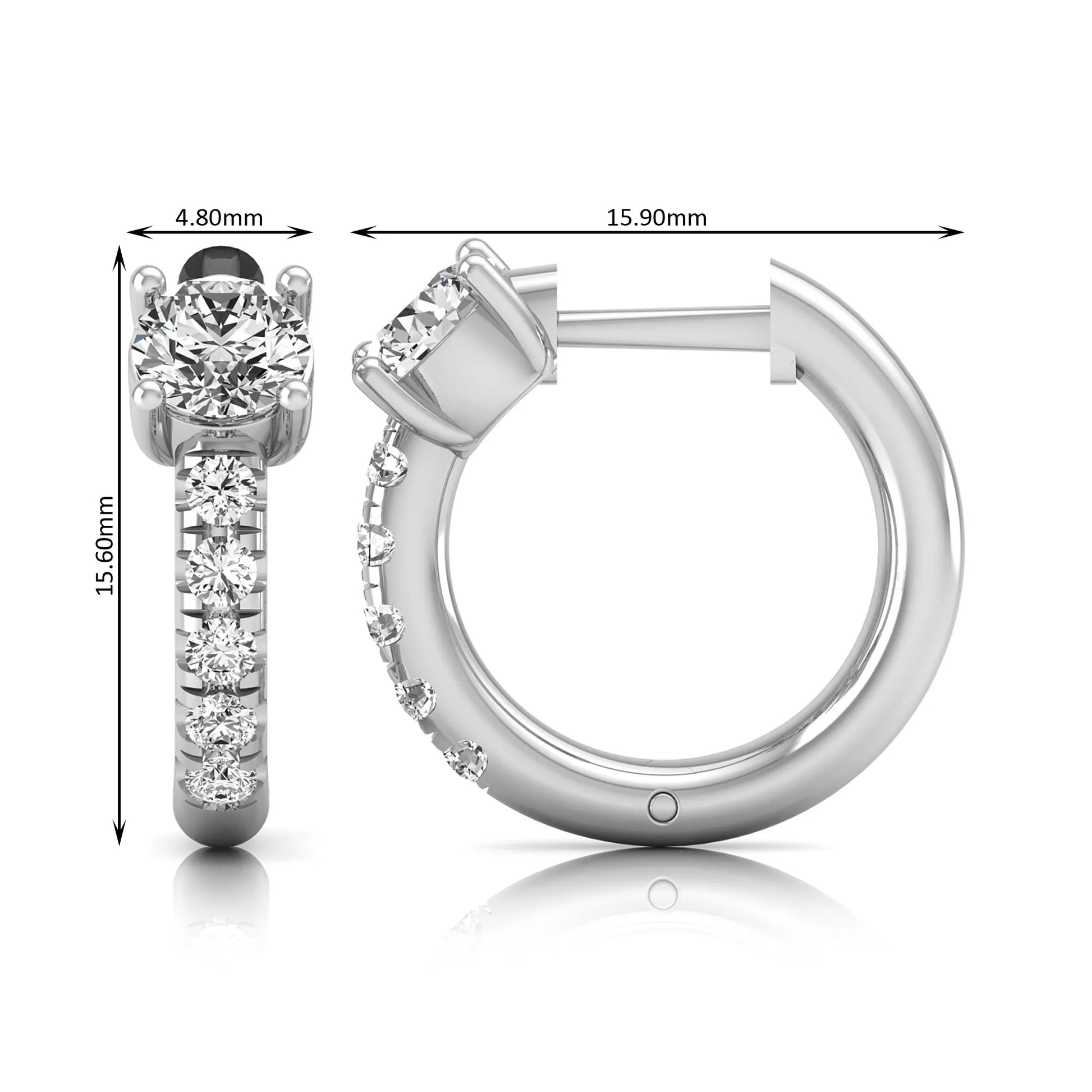Round brilliant lab grown diamond huggie hoop earrings featuring an elevated four prong center diamond with graduated shared prong pavé round diamond accents in white gold.