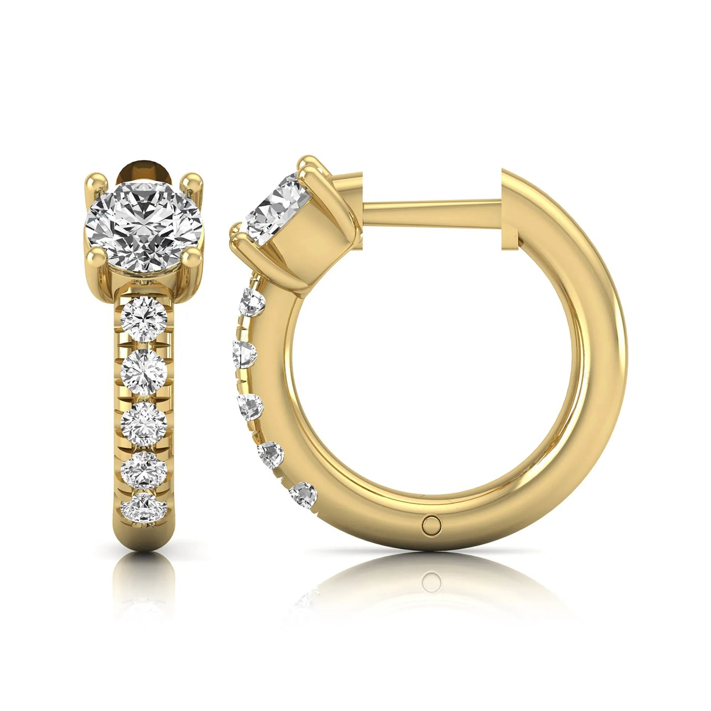 Round brilliant lab grown diamond huggie hoop earrings featuring an elevated four prong center diamond with graduated shared prong pavé round diamond accents in yellow gold.
