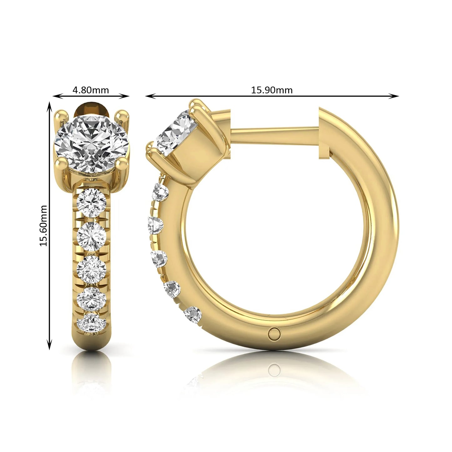 Round brilliant lab grown diamond huggie hoop earrings featuring an elevated four prong center diamond with graduated shared prong pavé round diamond accents in yellow gold.
