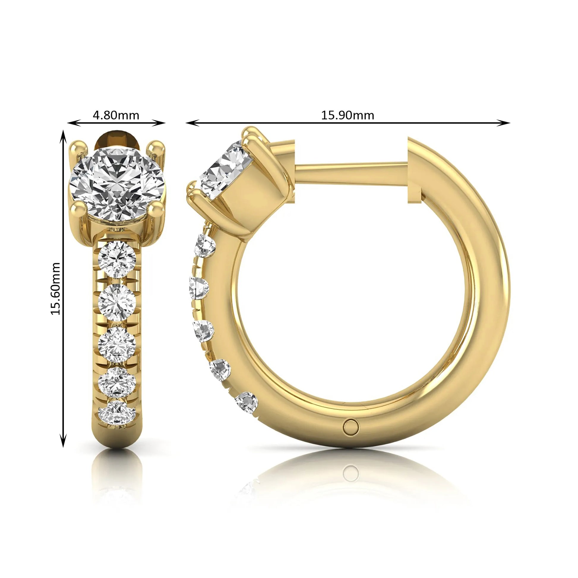 Round brilliant lab grown diamond huggie hoop earrings featuring an elevated four prong center diamond with graduated shared prong pavé round diamond accents in yellow gold.