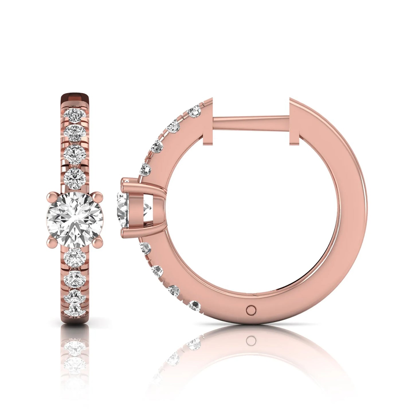 Round brilliant lab grown diamond pavé huggie hoop earrings featuring a four prong center diamond with graduated shared prong pavé round diamonds in rose gold.