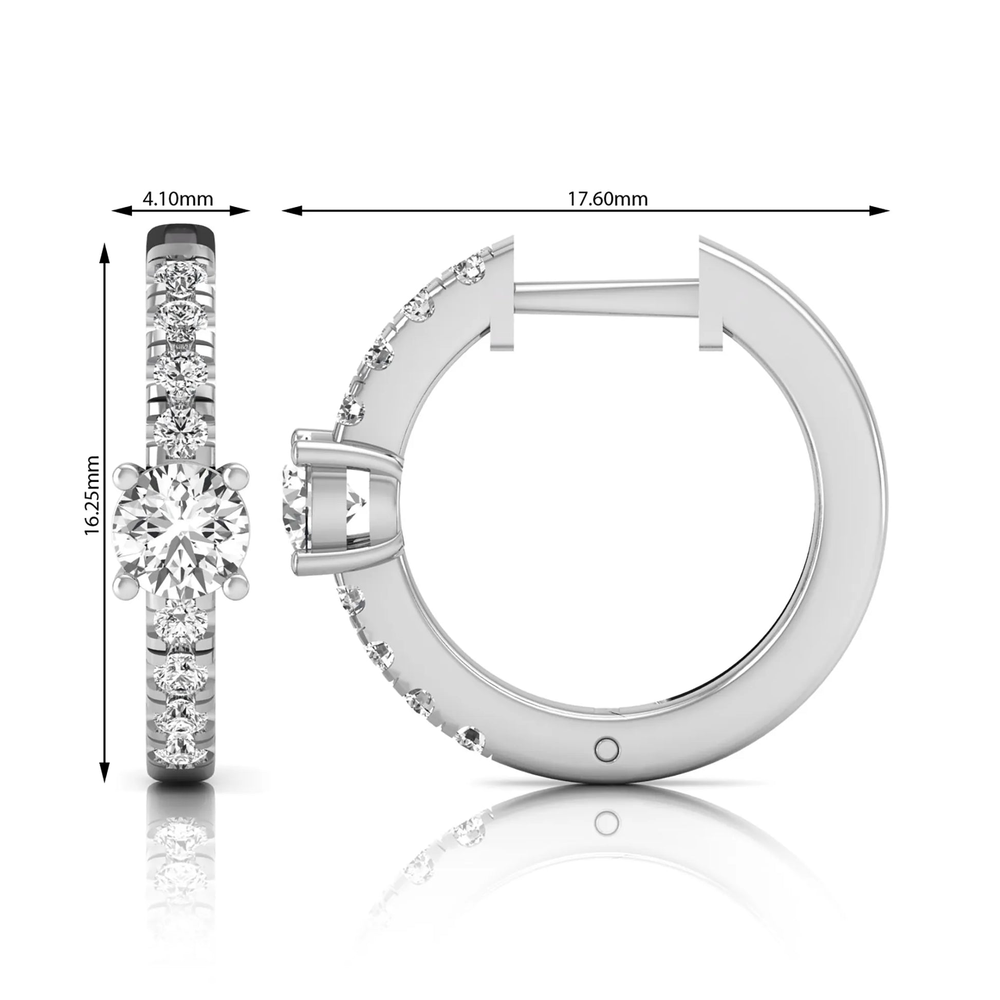 Round brilliant lab grown diamond pavé huggie hoop earrings featuring a four prong center diamond with graduated shared prong pavé round diamonds in white gold.