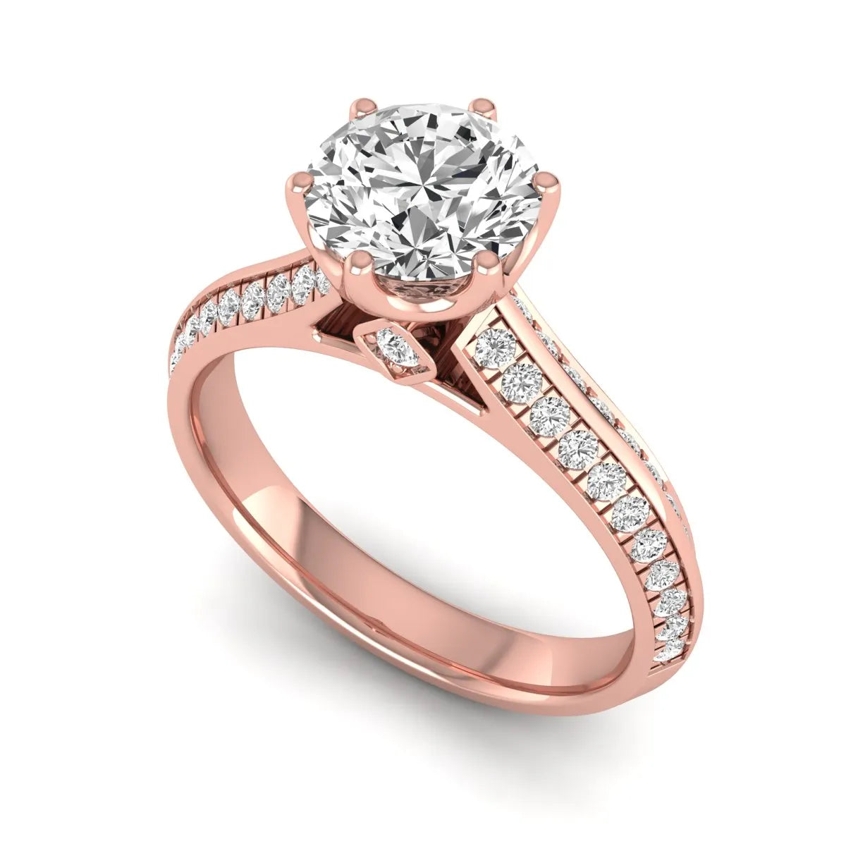 Round cut lab grown diamond engagement ring featuring a six-prong setting with pavé accent diamonds and rose gold finish.