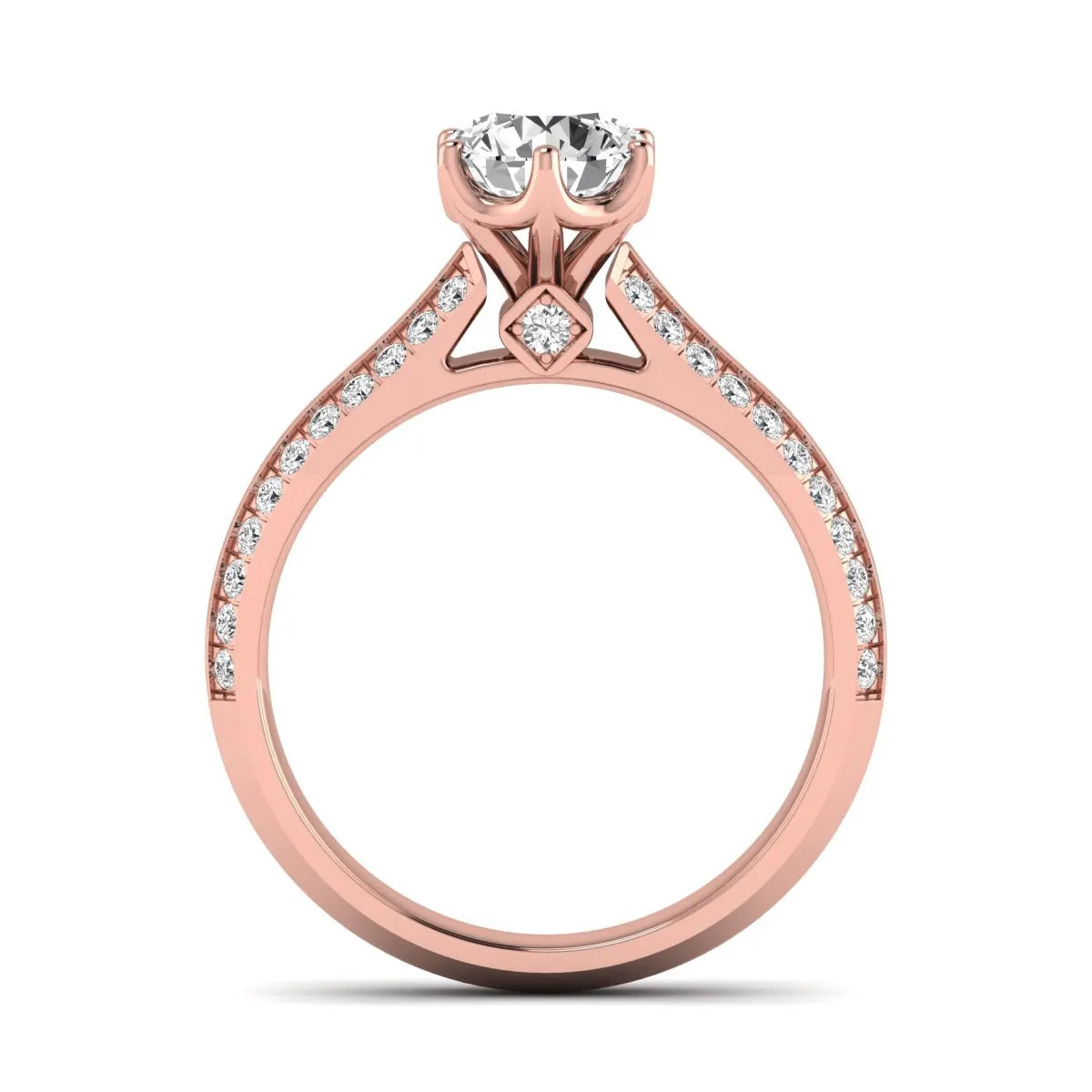 Round cut lab grown diamond engagement ring featuring a six-prong setting with pavé accent diamonds and rose gold finish.