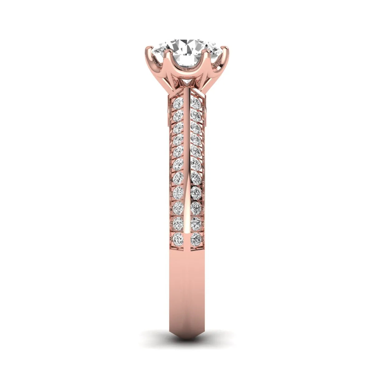 Round cut lab grown diamond engagement ring featuring a six-prong setting with pavé accent diamonds and rose gold finish.