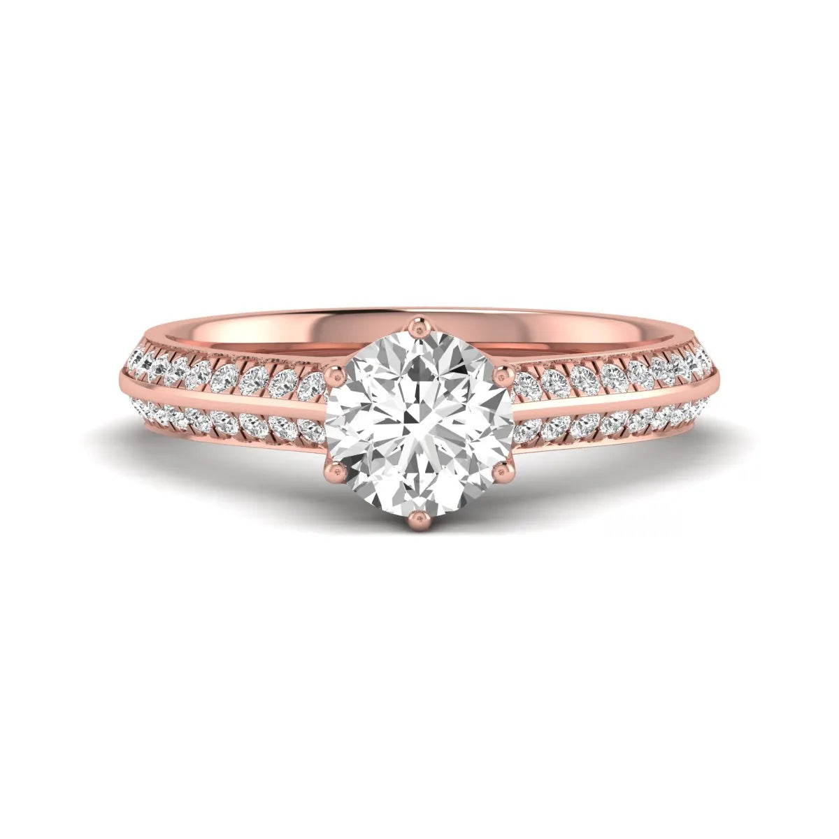 Round cut lab grown diamond engagement ring featuring a six-prong setting with pavé accent diamonds and rose gold finish.