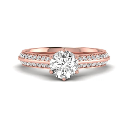 Round cut lab grown diamond engagement ring featuring a six-prong setting with pavé accent diamonds and rose gold finish.