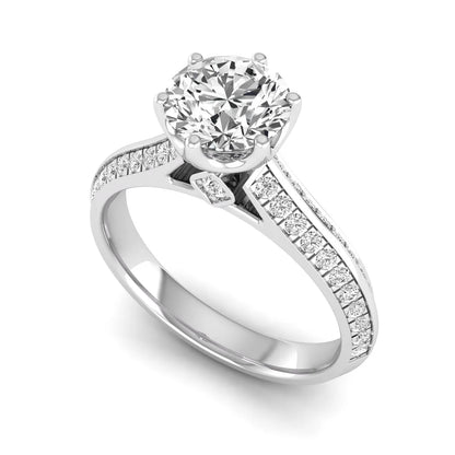 Round cut lab grown diamond engagement ring featuring a six-prong setting with pavé accent diamonds and white gold finish.