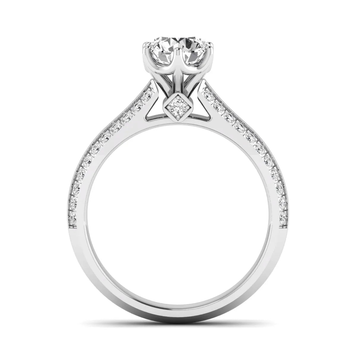 Round cut lab grown diamond engagement ring featuring a six-prong setting with pavé accent diamonds and white gold finish.