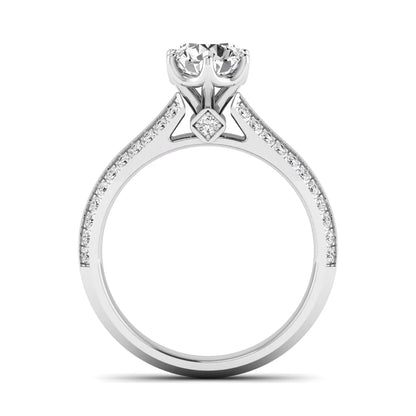 Round cut lab grown diamond engagement ring featuring a six-prong setting with pavé accent diamonds and white gold finish.