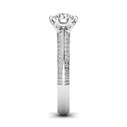 Round cut lab grown diamond engagement ring featuring a six-prong setting with pavé accent diamonds and white gold finish.