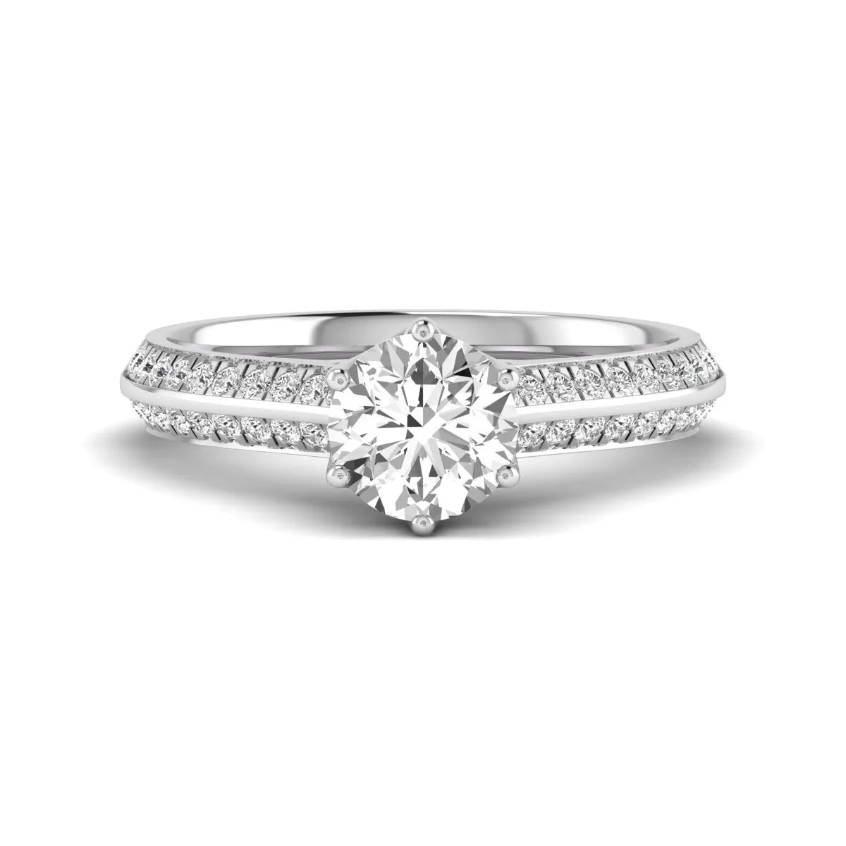 Round cut lab grown diamond engagement ring featuring a six-prong setting with pavé accent diamonds and white gold finish.