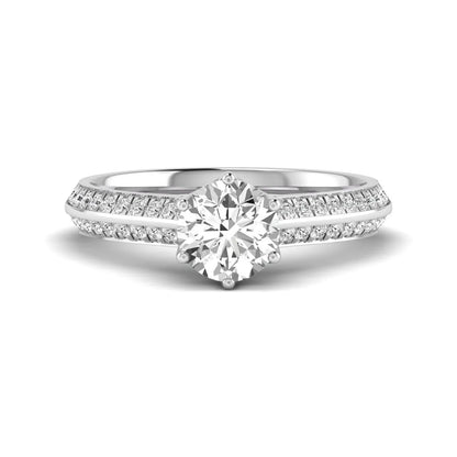 Round cut lab grown diamond engagement ring featuring a six-prong setting with pavé accent diamonds and white gold finish.