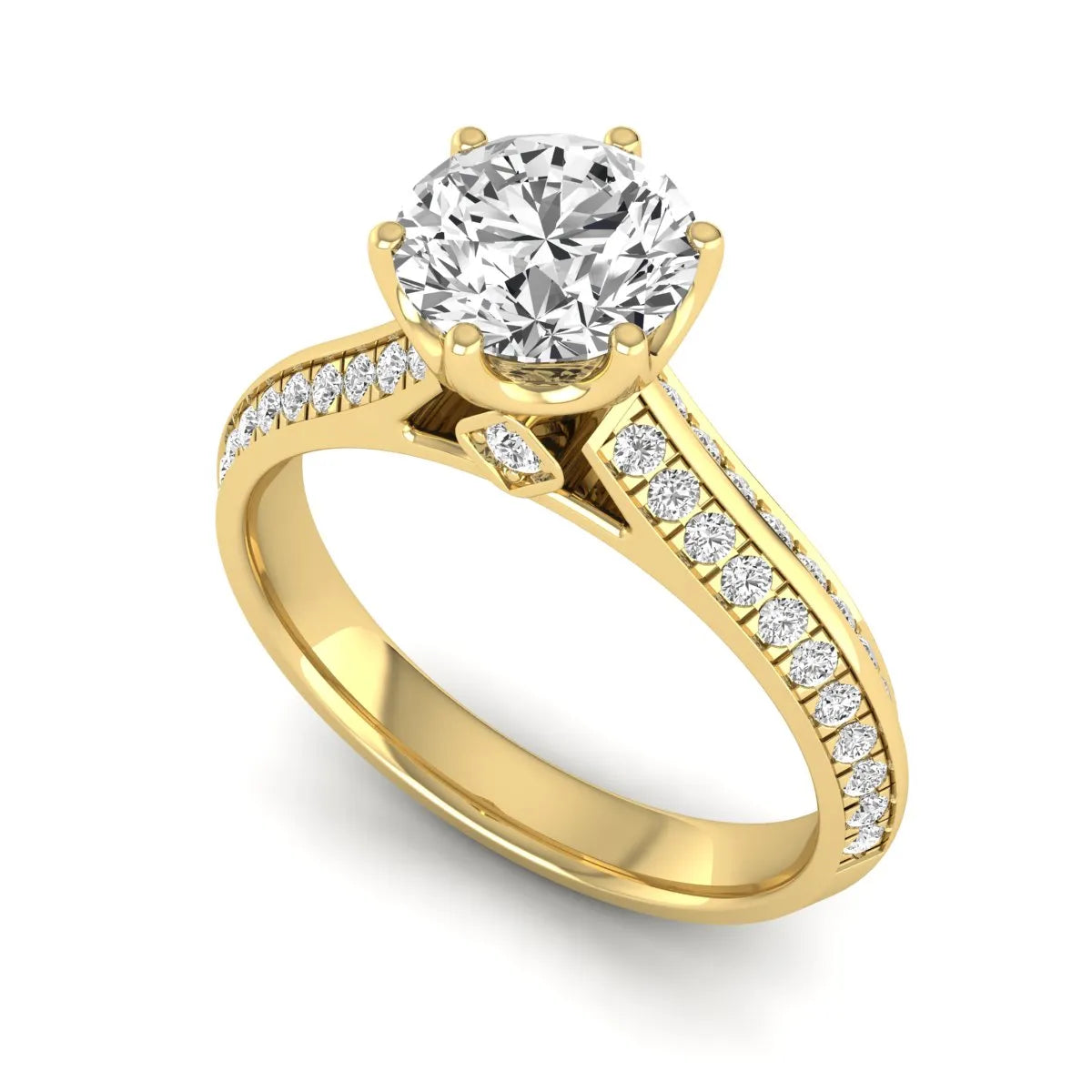 Round cut lab grown diamond engagement ring featuring a six-prong setting with pavé accent diamonds and yellow gold finish.