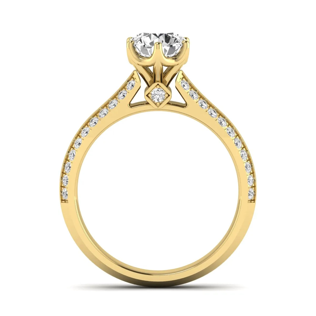 Round cut lab grown diamond engagement ring featuring a six-prong setting with pavé accent diamonds and yellow gold finish.