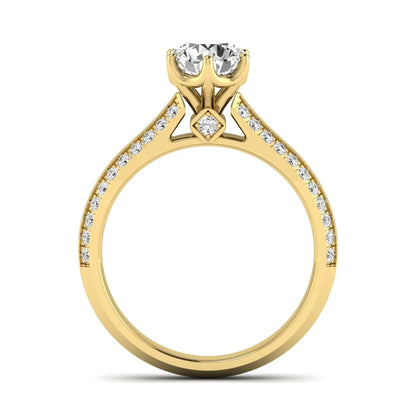 Round cut lab grown diamond engagement ring featuring a six-prong setting with pavé accent diamonds and yellow gold finish.