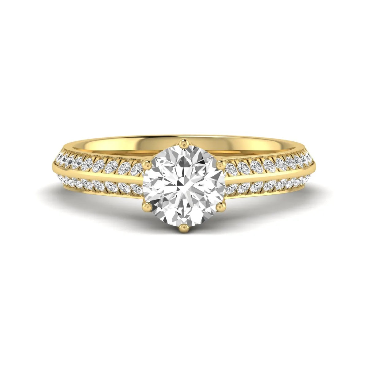 Round cut lab grown diamond engagement ring featuring a six-prong setting with pavé accent diamonds and yellow gold finish.