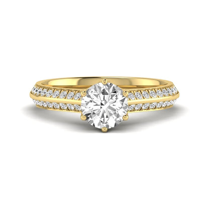 Round cut lab grown diamond engagement ring featuring a six-prong setting with pavé accent diamonds and yellow gold finish.