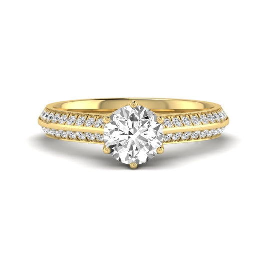 Round cut lab grown diamond engagement ring featuring a six-prong setting with pavé accent diamonds and yellow gold finish.