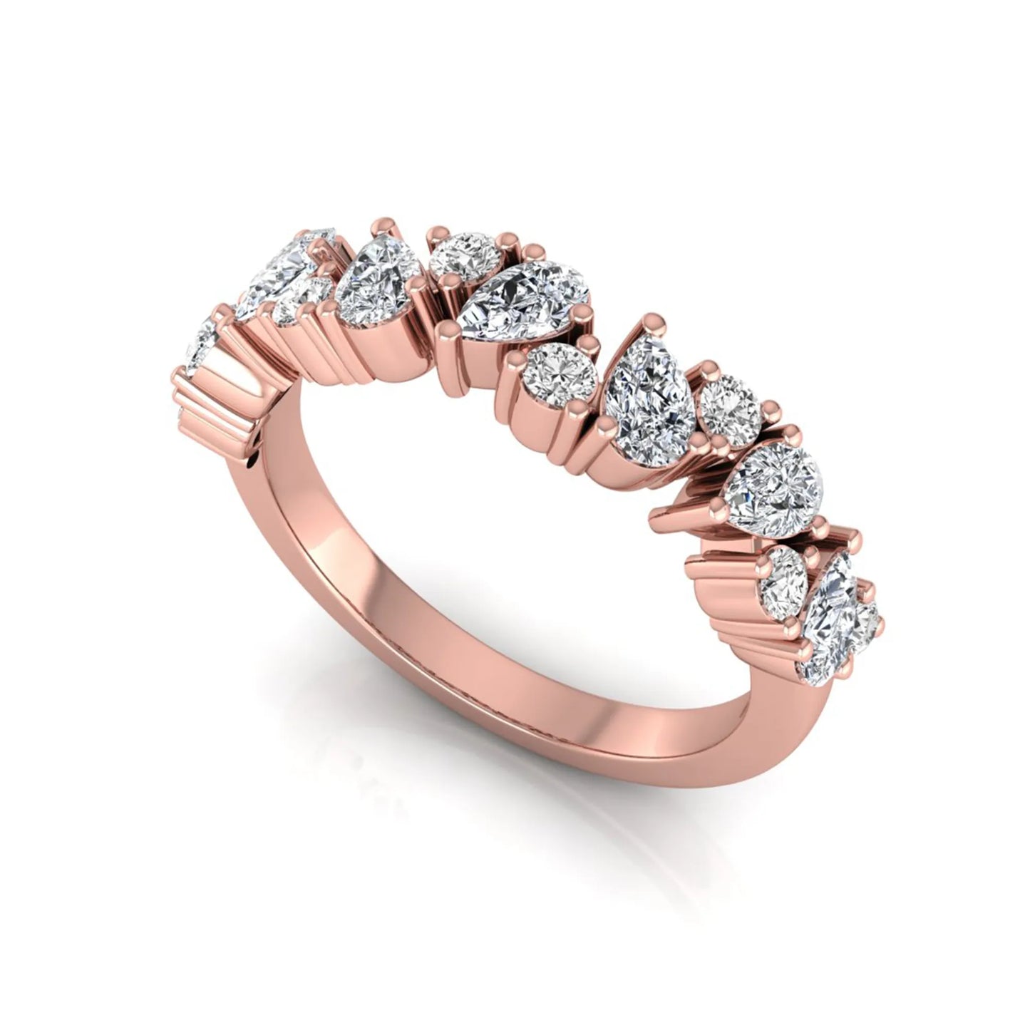 Round and pear cut lab grown diamond half eternity ring featuring alternating shared prong set diamonds in rose gold design