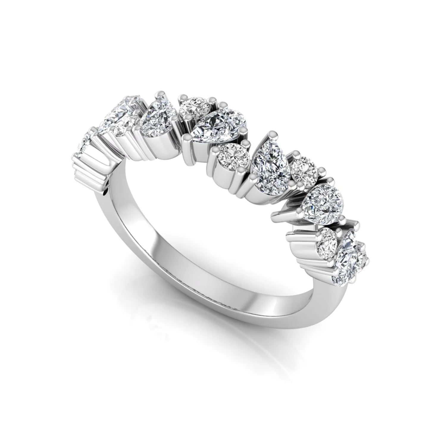 Round and pear cut lab grown diamond half eternity ring featuring alternating shared prong set diamonds in white gold design