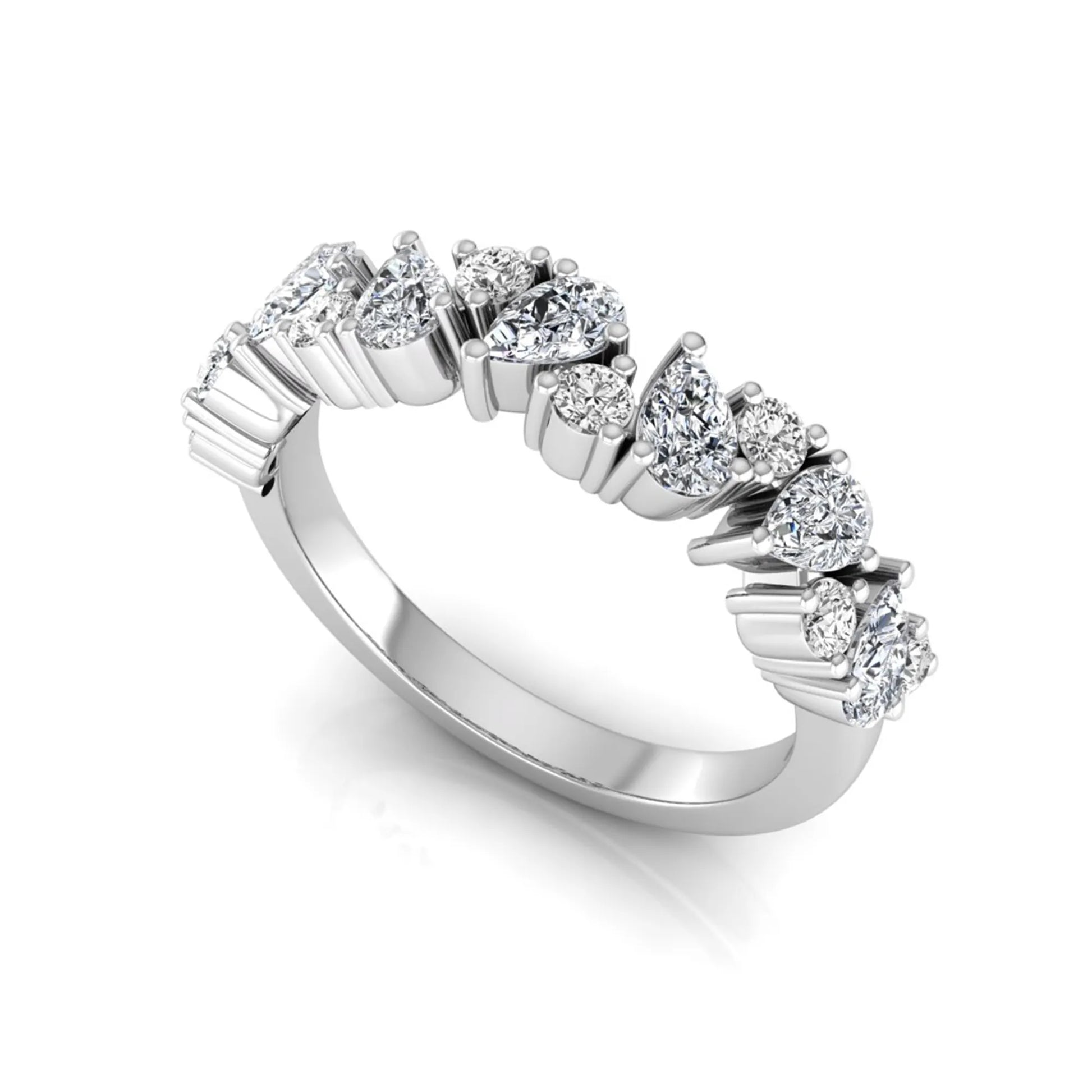 Round and pear cut lab grown diamond half eternity ring featuring alternating shared prong set diamonds in white gold design