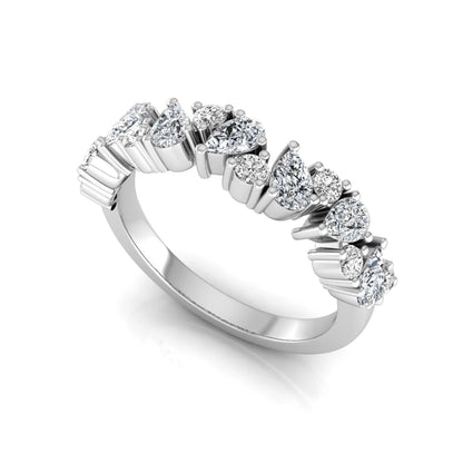 Round and pear cut lab grown diamond half eternity ring featuring alternating shared prong set diamonds in white gold design