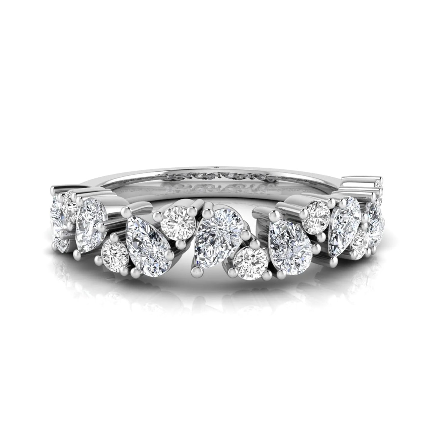 Round and pear cut lab grown diamond half eternity ring featuring alternating shared prong set diamonds in white gold design