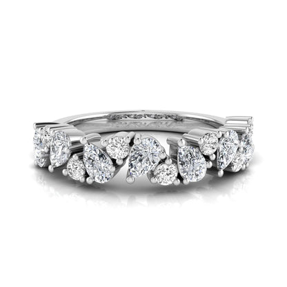 Round and pear cut lab grown diamond half eternity ring featuring alternating shared prong set diamonds in white gold design