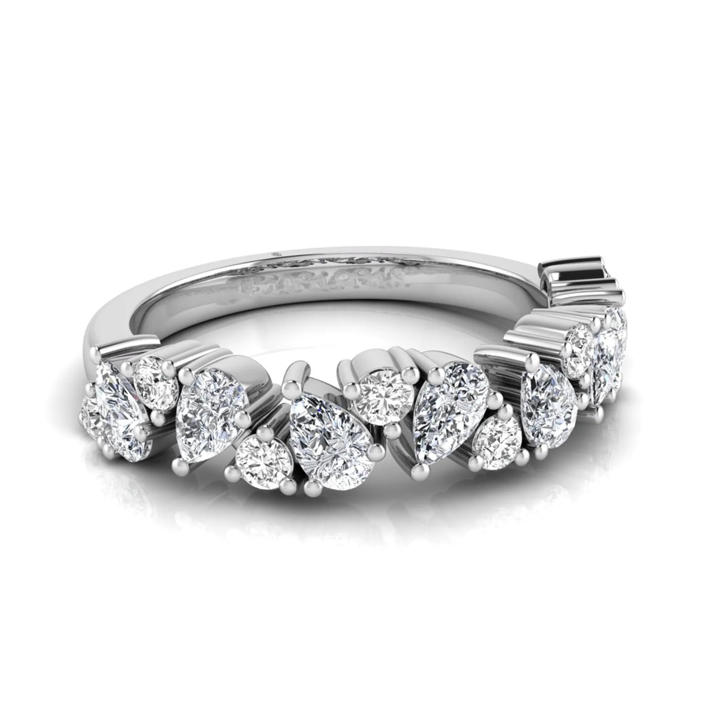 Round and pear cut lab grown diamond half eternity ring featuring alternating shared prong set diamonds in white gold design