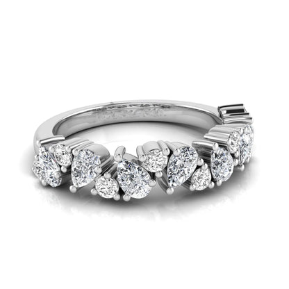 Round and pear cut lab grown diamond half eternity ring featuring alternating shared prong set diamonds in white gold design