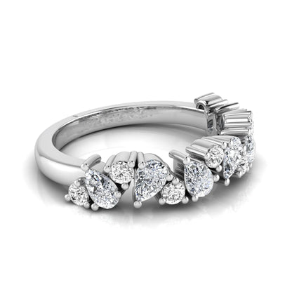 Round and pear cut lab grown diamond half eternity ring featuring alternating shared prong set diamonds in white gold design