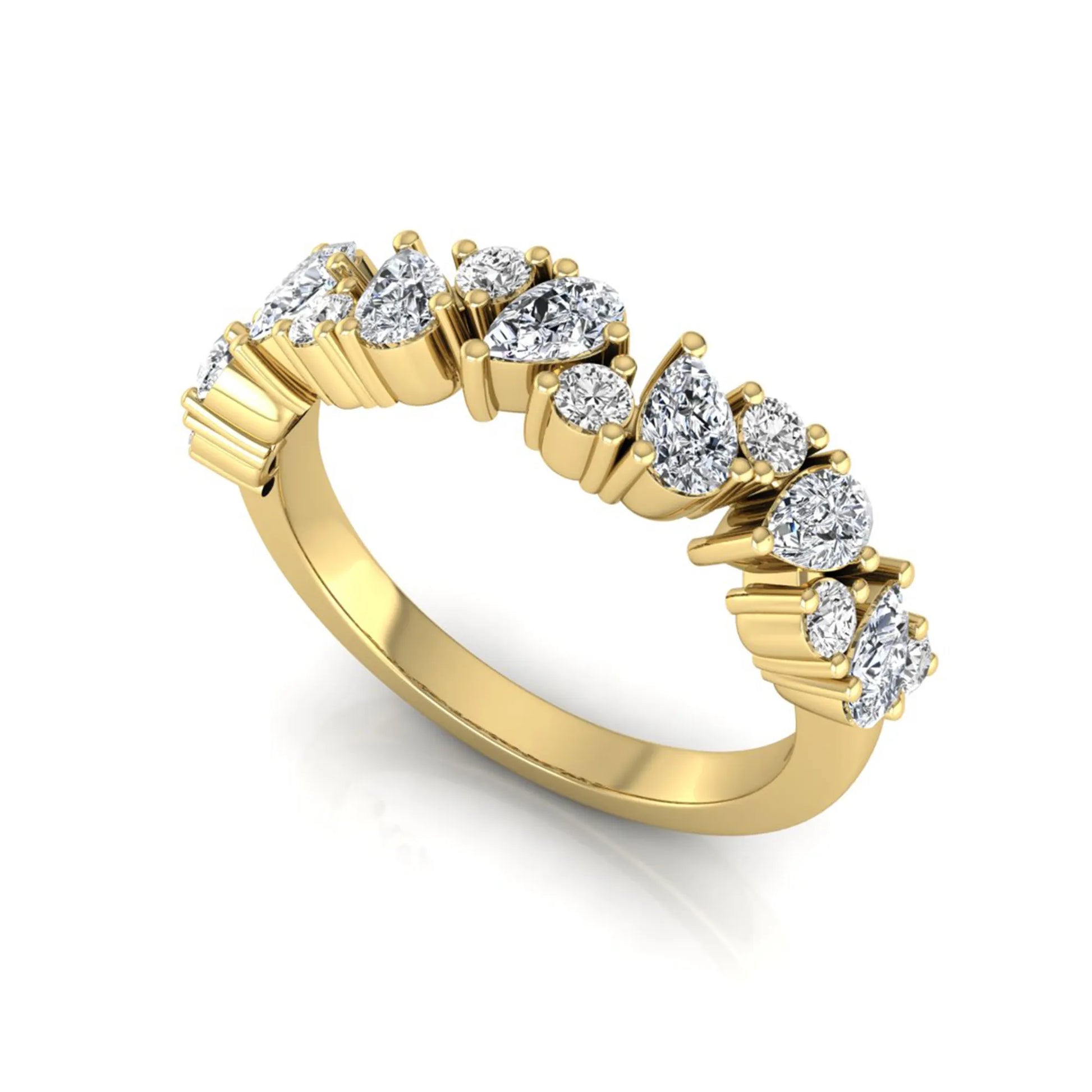 Round and pear cut lab grown diamond half eternity ring featuring alternating shared prong set diamonds in yellow gold design