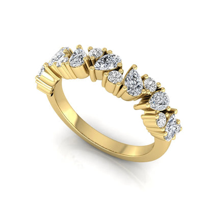 Round and pear cut lab grown diamond half eternity ring featuring alternating shared prong set diamonds in yellow gold design