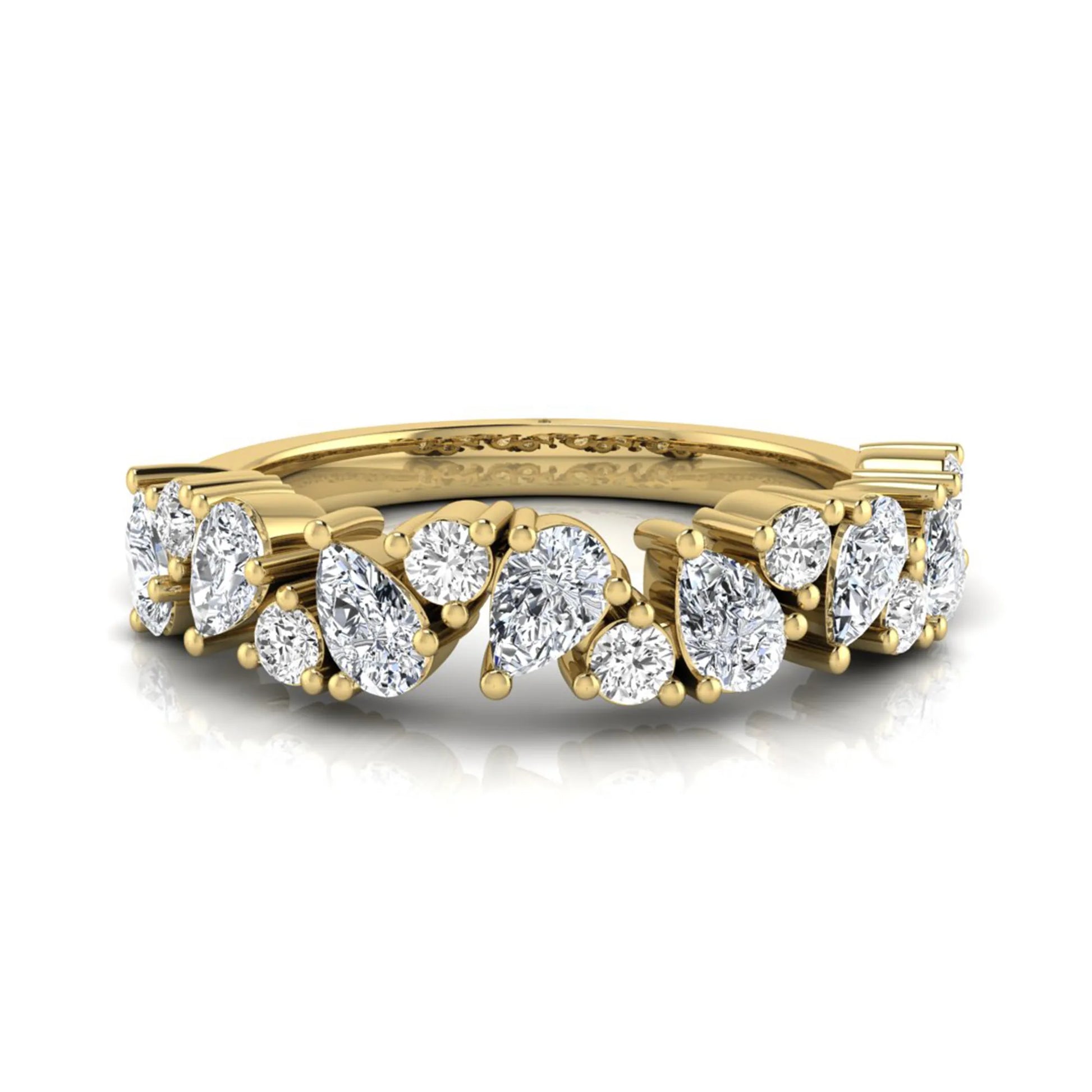Round and pear cut lab grown diamond half eternity ring featuring alternating shared prong set diamonds in yellow gold design