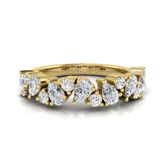 Round and pear cut lab grown diamond half eternity ring featuring alternating shared prong set diamonds in yellow gold design