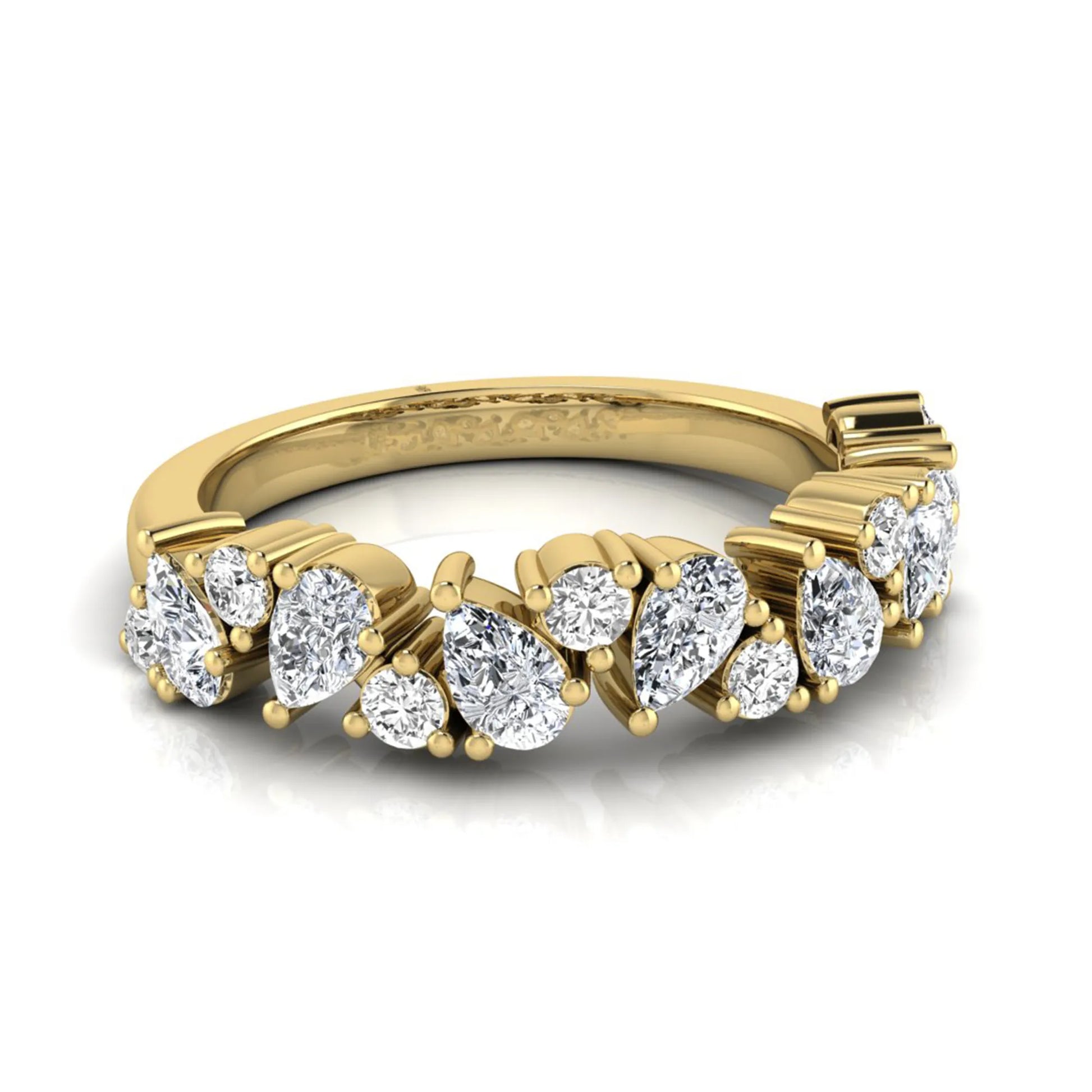 Round and pear cut lab grown diamond half eternity ring featuring alternating shared prong set diamonds in yellow gold design