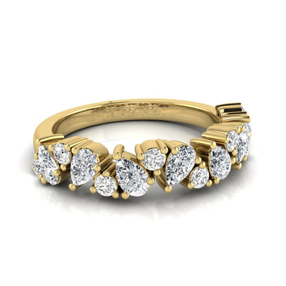 Round and pear cut lab grown diamond half eternity ring featuring alternating shared prong set diamonds in yellow gold design