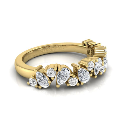Round and pear cut lab grown diamond half eternity ring featuring alternating shared prong set diamonds in yellow gold design