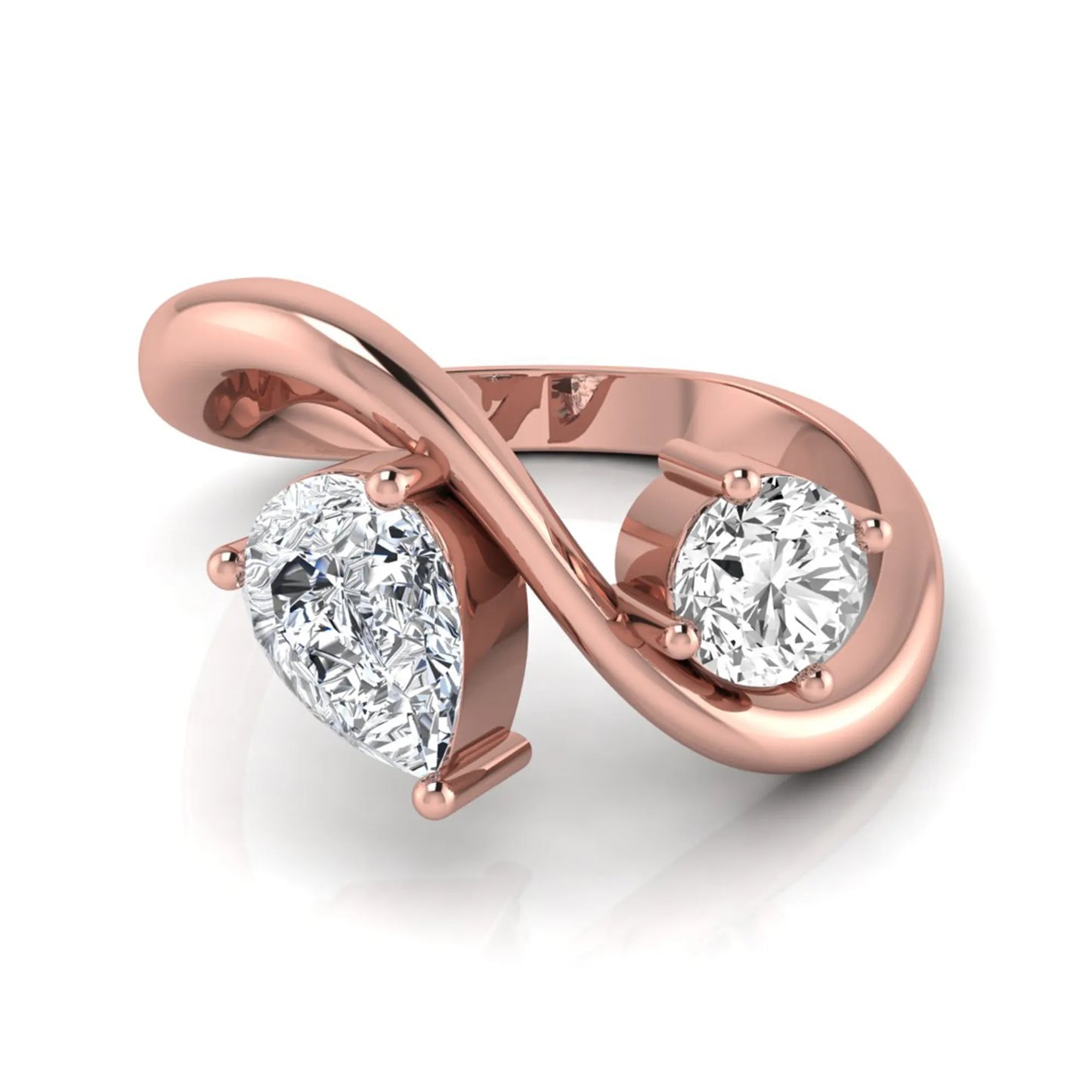 Round and pear cut lab grown diamond Toi et Moi ring with an elegant flowing crossover design in rose gold