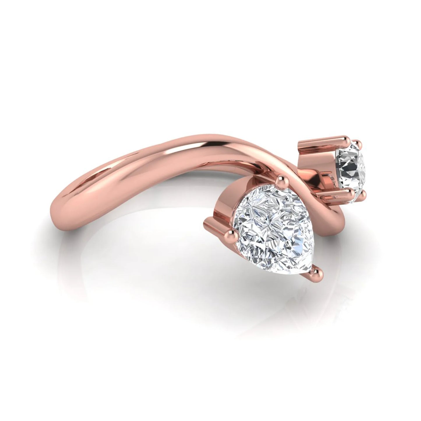 Round and pear cut lab grown diamond Toi et Moi ring with an elegant flowing crossover design in rose gold