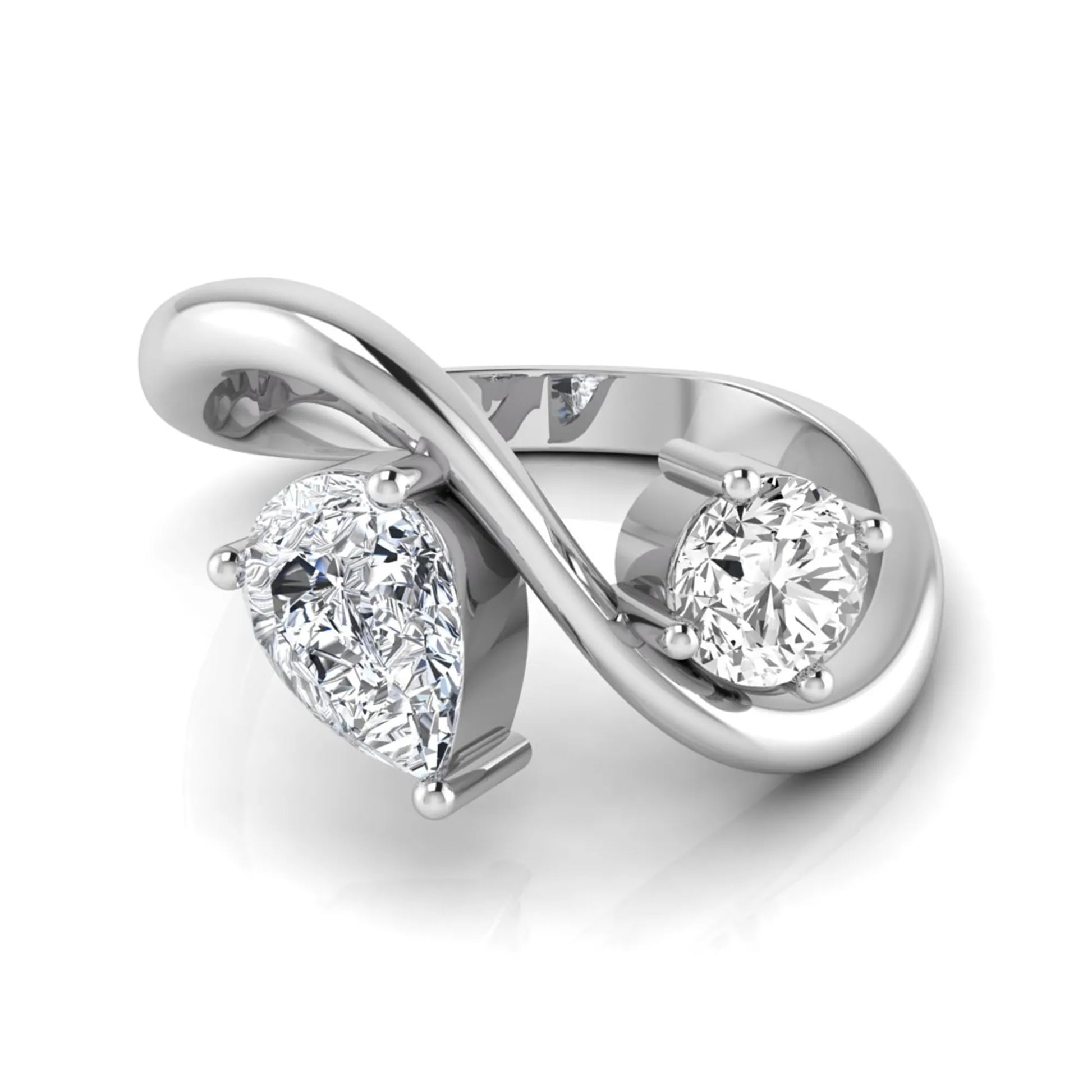 Round and pear cut lab grown diamond Toi et Moi ring with an elegant flowing crossover design in white gold