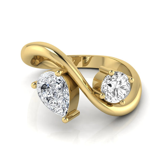 Round and pear cut lab grown diamond Toi et Moi ring with an elegant flowing crossover design in yellow gold