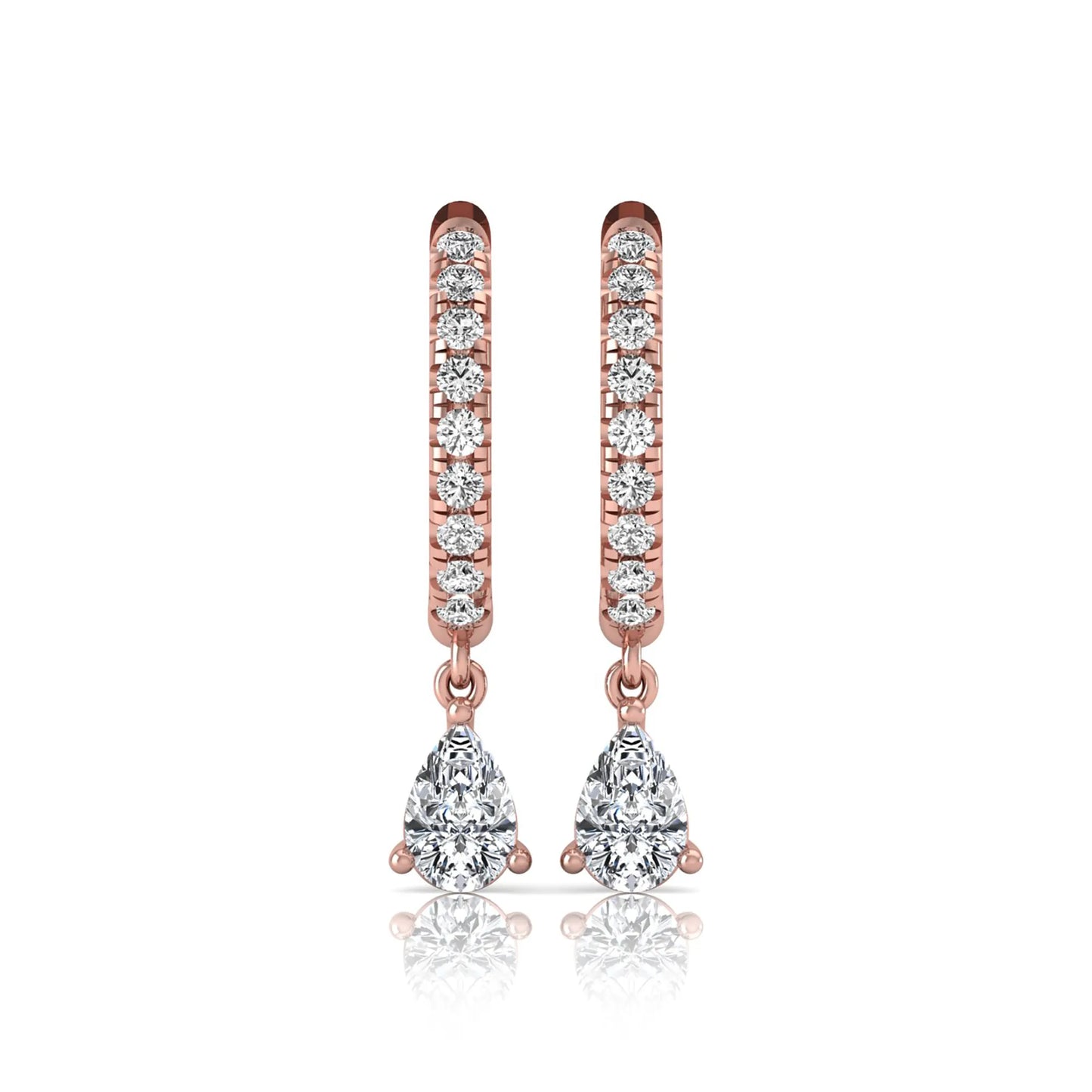 Round and pear cut lab grown diamond pavé drop huggie hoop earrings featuring a sparkling pear diamond drop, round pavé diamonds, hinged snap closure, and polished rose gold finish.